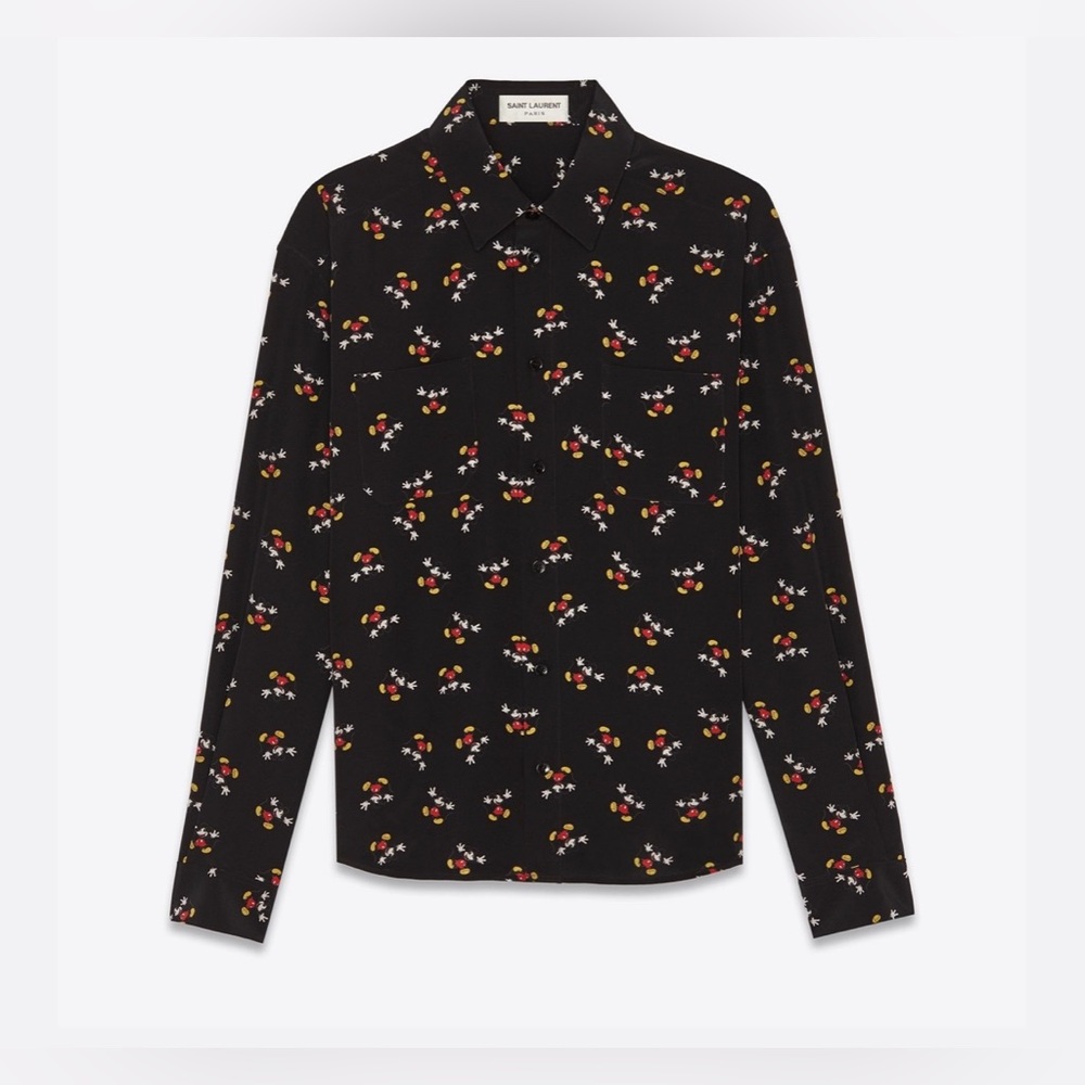 Saint Laurent Silk Mickey Mouse Blouse Black, Size F38